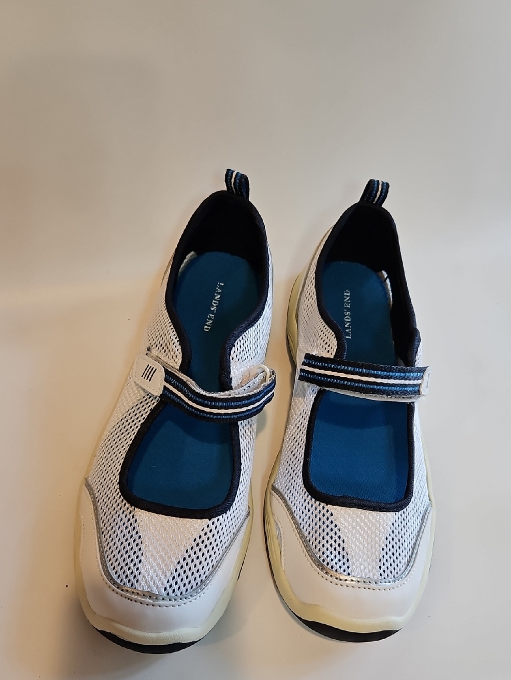 Lands' End Womens White Mesh Mary Jane Water Shoes with Blue Insole